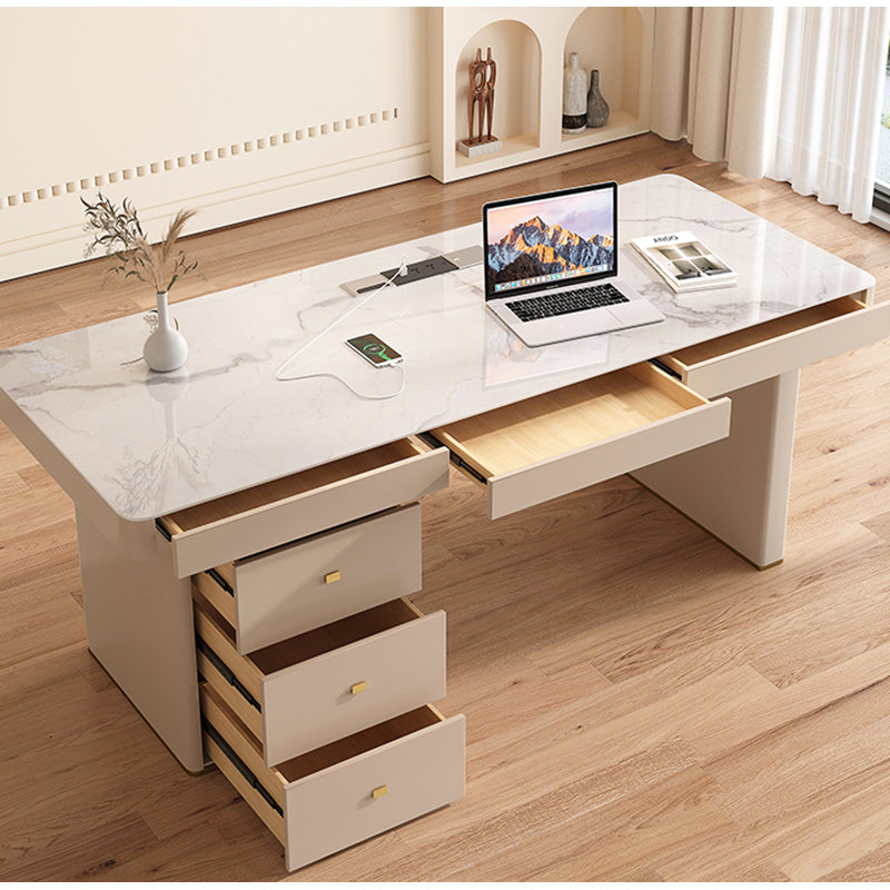 Bureau en pierre frittée de style crème avec armoire à tiroirs, H 29,5 po x l 78,7 po x P 27,6 po