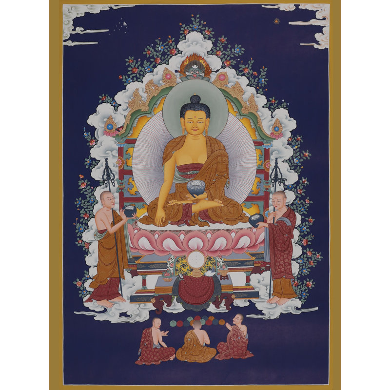 Bouddha Shakyamuni Thangka sans brocart | Art mural bouddhiste tibétain peint à la main | Illustration en or 24 carats et sérénité (29,1 po x 20,9 po)