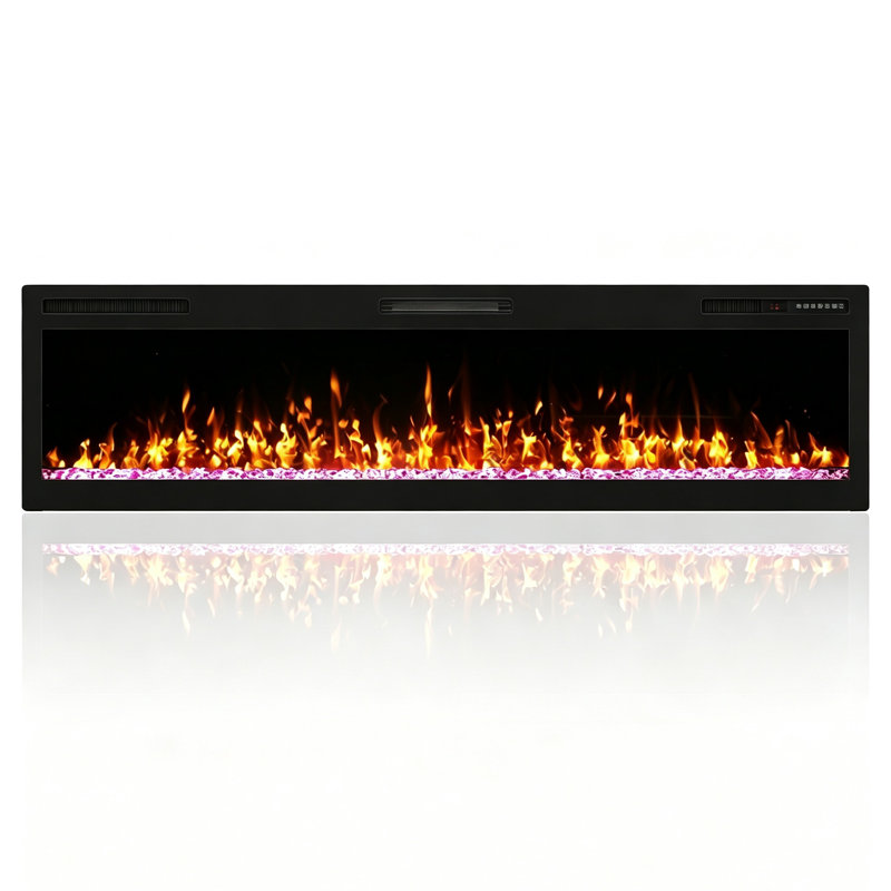 Chaufferette électrique panoramique à écran large de 68 po, fixation murale encastrée autoportante, flamme 3D HD, 7 flammes et 12 couleurs de braise, luminosité et vitesse réglables, 750 W / 1500 W, télécommande et commande tactile, minuterie 8H, certifiée ETL