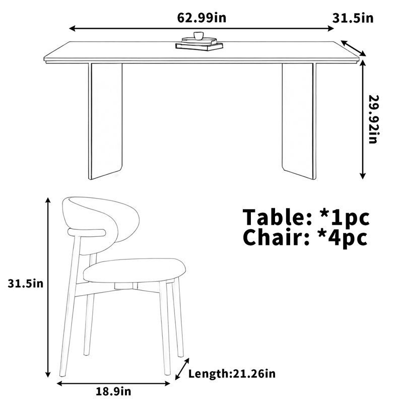 Solid wood dining table home rectangular rock slab, 29.53"H x 62.99"L x 31.5"W