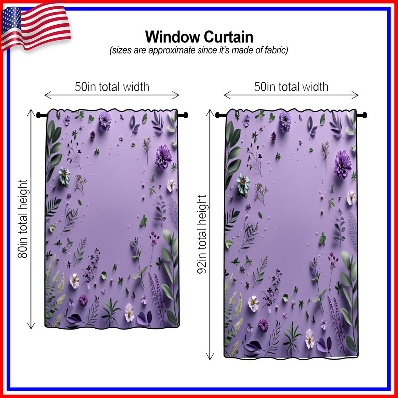 Rideaux de fenêtre mauve à motif floral, 50 po x 80 po - 1 panneau, Transparent