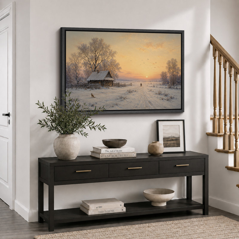 «Winter Sunset Cabin Landscape», art de chambre à coucher, reproduction d'art sur toile encadrée, Cadre noir