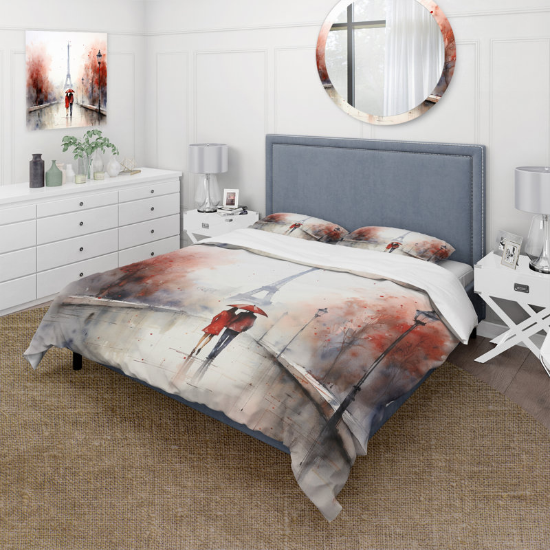 «In Love In Paris Eiffel Tower Vintage Aquarelle - Ensemble de housse de couette Cityscapes» - Microfibre de polyester