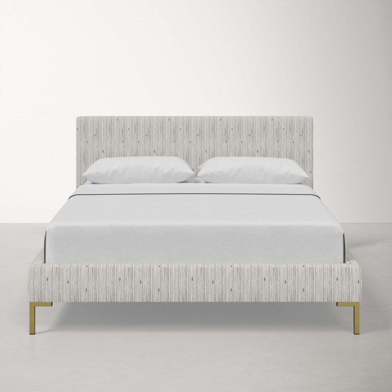 Lit plateforme tapissier Bilkis, Simple, Rayures grises Shibori, Rayures grises Shibori