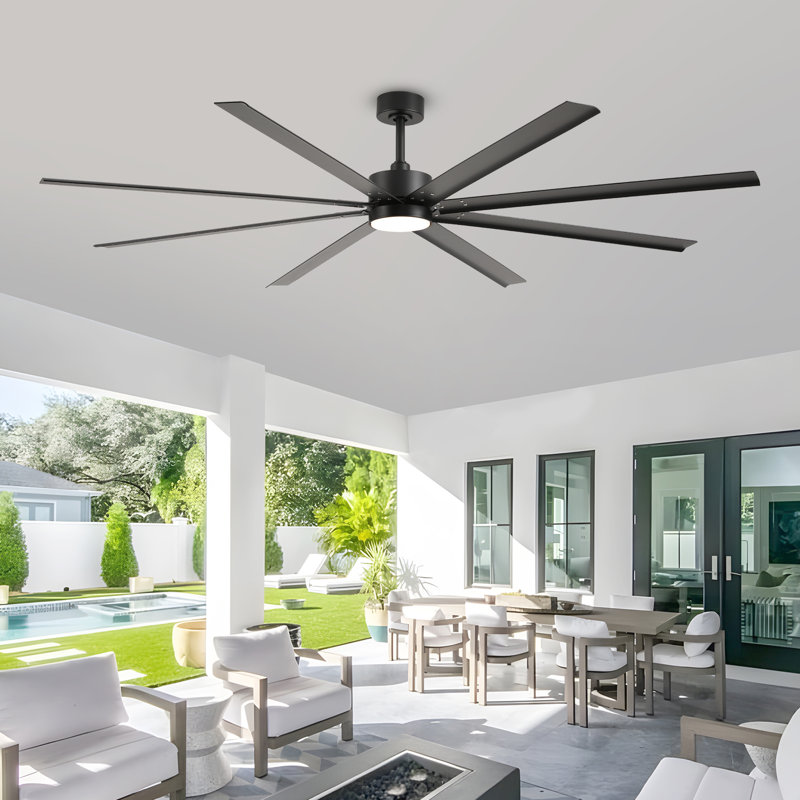 Powerful 8 Blade Aluminum Industrial Ceiling Fan With Dc Motor & 3 Color Adjustable Led Light, High Airflow For Large Living Rooms, Indoor & Covered Outdoor