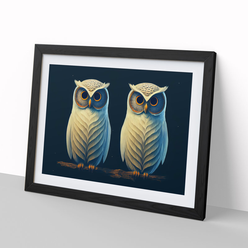 Symmetrical Owls - Single Picture Frame Print, Black, 46cm H x 64cm W