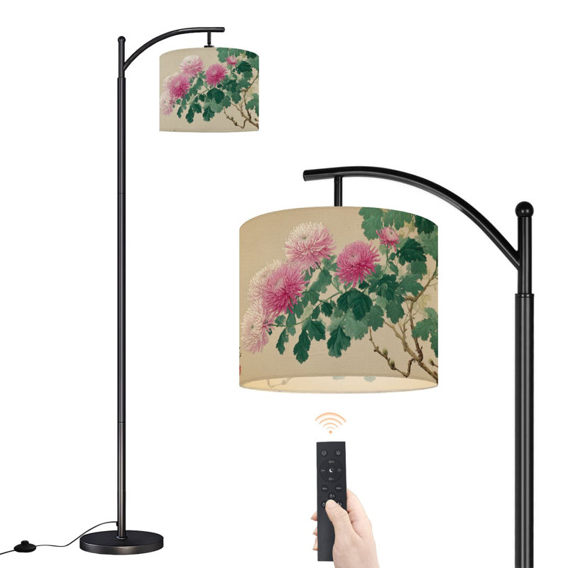  Arc Floor Lamp Pink Chrysanthemum Flowers Botanical Green Leaves Branches Tall Modern Standing Lamp LED Adjustable Linen Lampshade 3 Colour Temperatures
