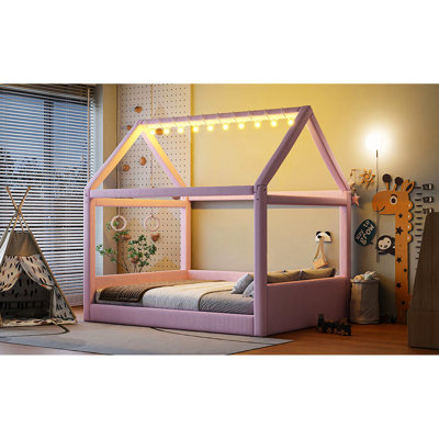 Full Size Upholstered Pink House Daybed With Touchable 2 - Color Led Adorable Design, Vertical Striped Corduroy Solid Pinewood Frame, Comfortable Fabric