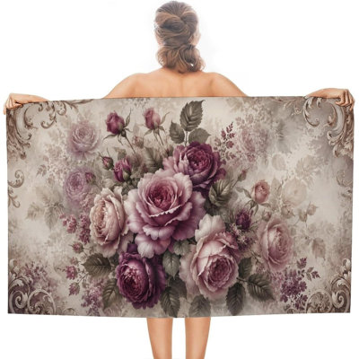 Vintage Rose Floral Beach Towel, Lightweight Quick-Dry Sand-Free Microfiber Towel for Pool, Beach, Shower, Hot Spring, Yoga, Travel, 60 x 80 in