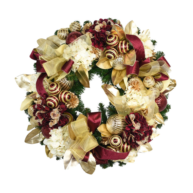 28" Holiday Wreath with Magnolia Leaves, Hydrangeas, Pinecones and Ornaments