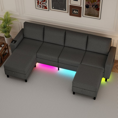4-seater Linen Sectional Sofa With Smart Module-wireless Charging/usb/type-c/rgb Lights (dark Grey)