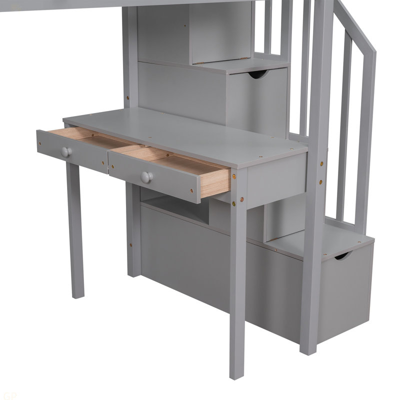 Lit mezzanine simple avec tiroirs de rangement, bureau et escalier, lit mezzanine en bois avec tablettes, Gris