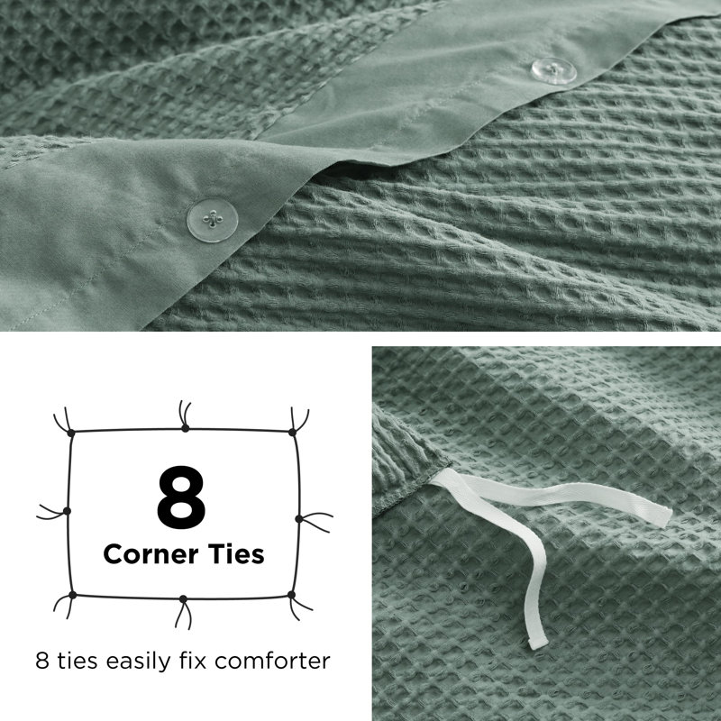 Essential Collection 100% Cotton Waffle Weave Duvet Cover Set, Green, King Duvet Cover + 2 King Shams
