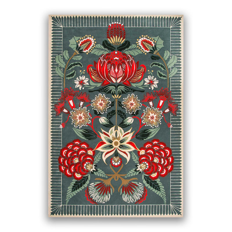 Tapis vert à motif floral multicolore, Sous-tapis rectangulaire 3 pi 11 po x 5 pi 11 po i