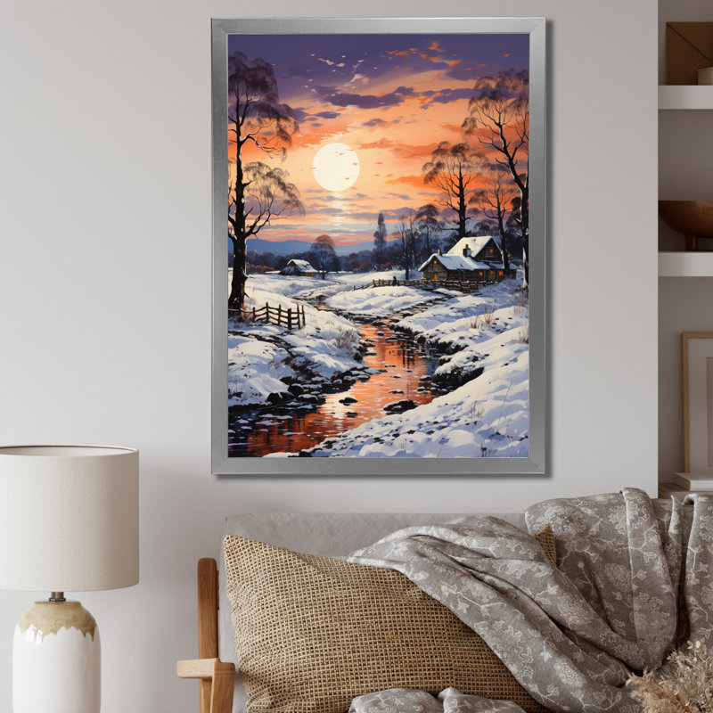 Winter Sunset Snowfall III, reproduction d'art sur toile, Cadre simple argenté, H 44 po x l 34 po x P 1,5 po