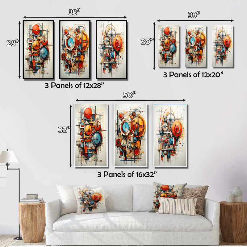 " Constructivism Dynamic Assemblage Geometric " 3 - Pieces, White Framed, 28" H x 36" W