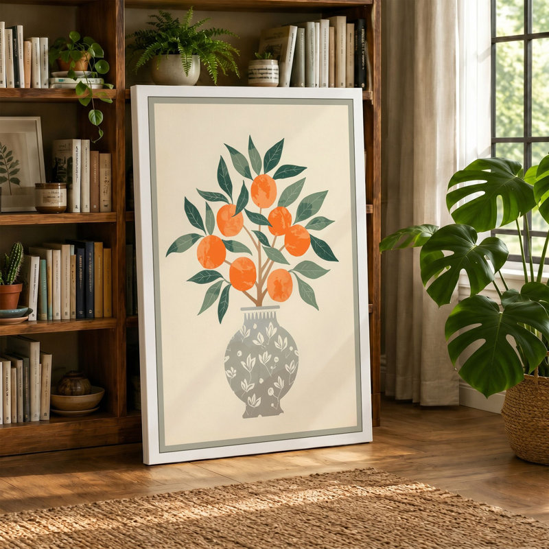 Blossoms in Grey Botanical - Wrapped Canvas, 36x24 - 91.4 x 61.0 cm, Terracotta Border