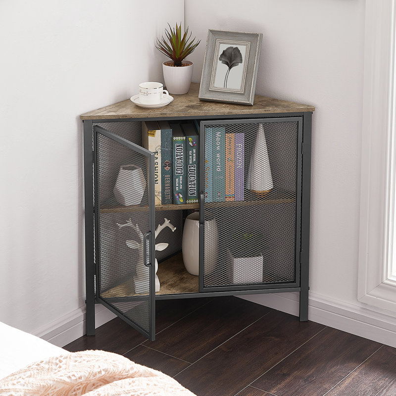 Table de bout Kempst, tablettes de présentation à 3 niveaux avec porte de protection, armoire de rangement, Gris / naturel