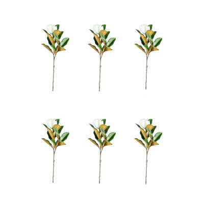 Tige de magnolia Real Touch, branches de verdure artificielles avec feuilles veinées réalistes et fleurs en fleurs, décoration intérieure, centres de table, mariages, 10 po de largeur et 35 po de longueur, paquet de 6