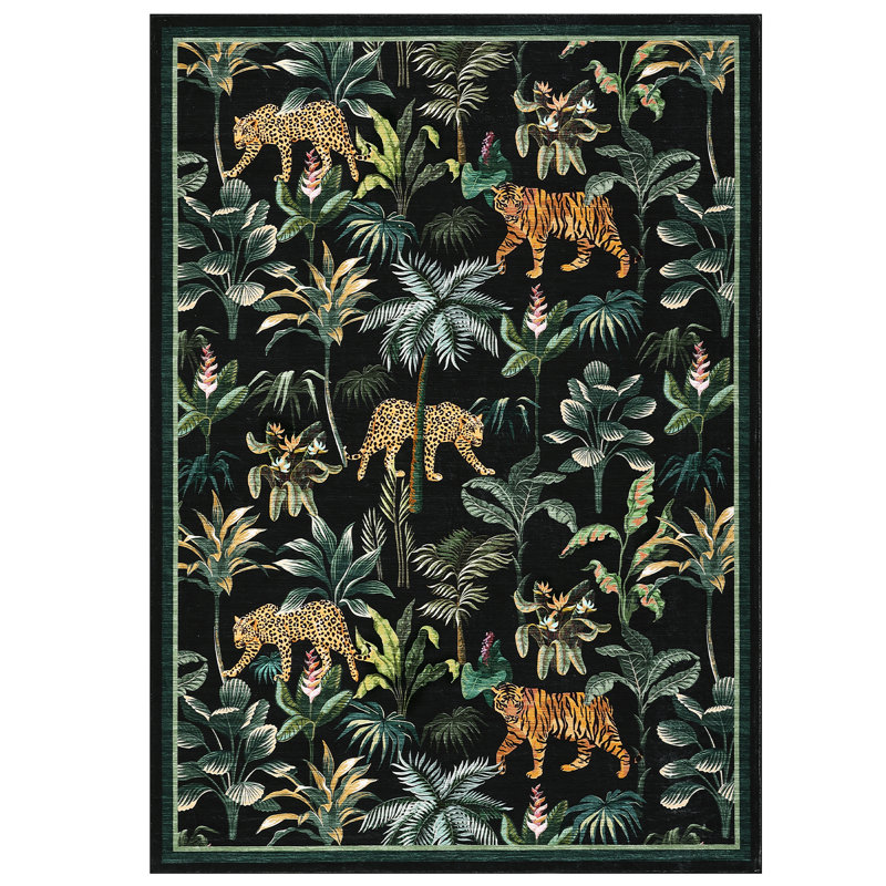 Tiger Area Rug for Living Room, Machine Washable Non-Slip Low Pile Rug, Botanical Jungle Animal Print Rug, Stain-Resistant Soft Foldable Floor Covering