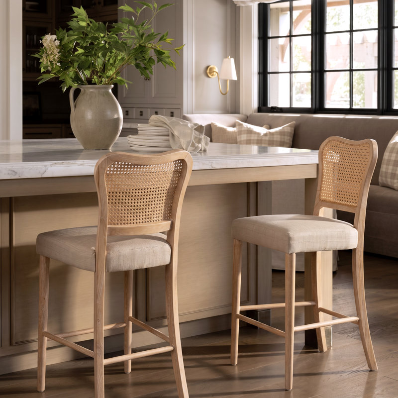 Markus 30.71'' Seat Height Farmhouse Acacia Wood Barstool with Woven Rattan Backrest & Fabric Cushion for Kitchen Island & Home Bar