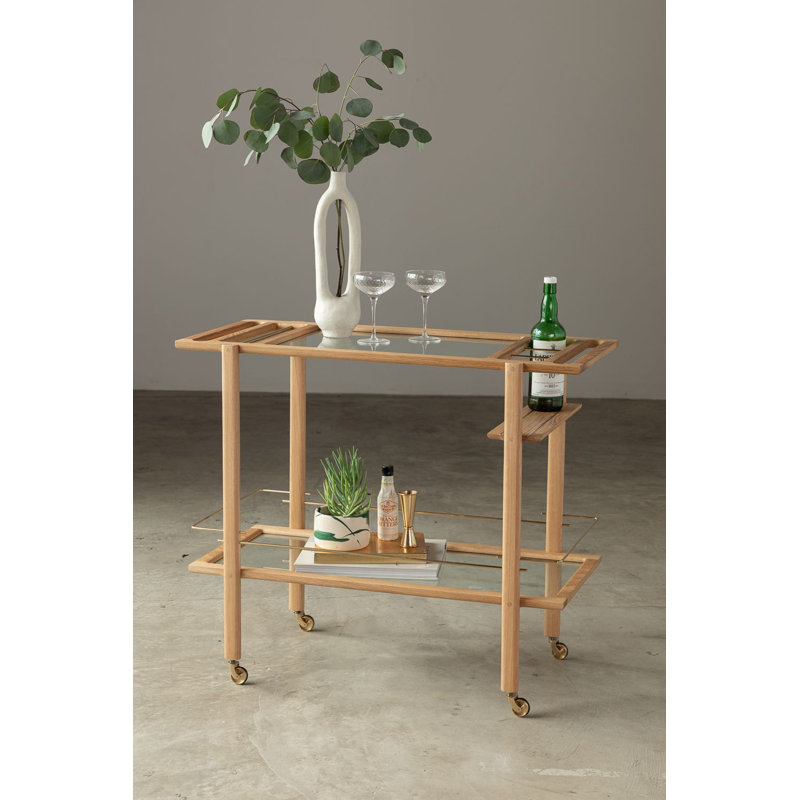 Solid Wood Bar Cart with Wheels, White Oak/Brass