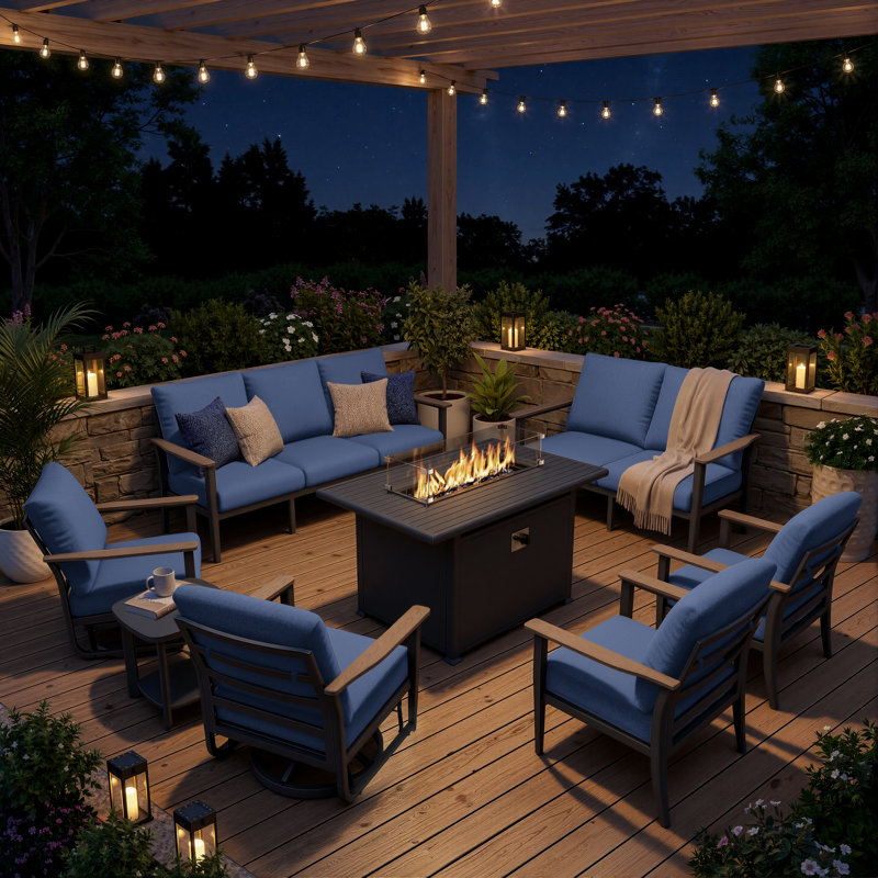9-Person Aluminum Outdoor Patio Conversation Set With Fire Pit Table, Swivel Rocking Chairs, Wood-Look Armrests & 5.12" Thick Cushions