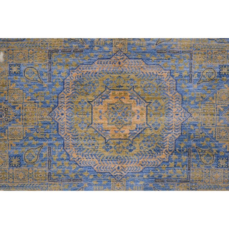Hand Knotted Wool Area Rug in Blue And Yellow