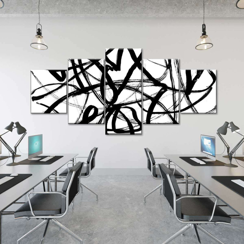Strokes and Lines - Ensemble de 5 pièces abstraites sur blanc, H 34 po x l 74 po 