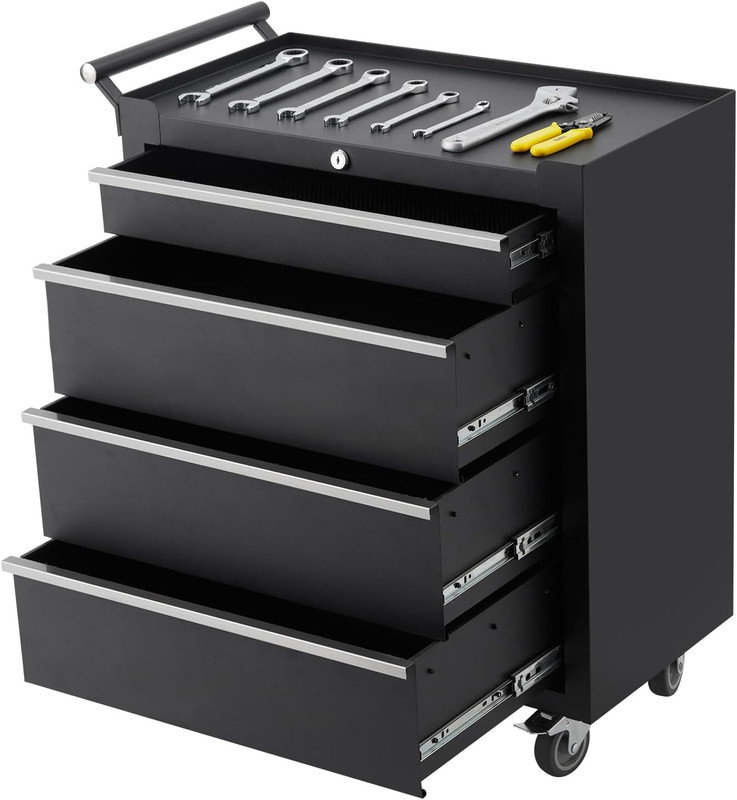 Boîte à outils à 4 compartiments avec tiroirs, armoire à outils mobile avec serrure à clé pour garage, Noir