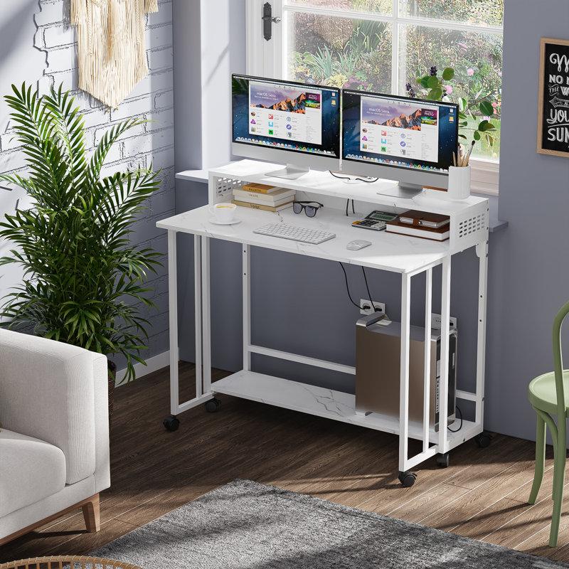 Mobile Foldable Computer Desk, White Marbling/White