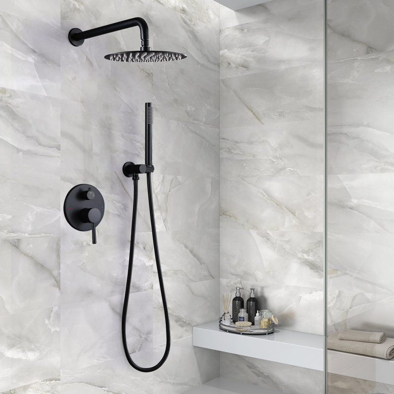 10" Wall Mounted Round Complete Shower System With Pressured Balanced Valve, Matte Black