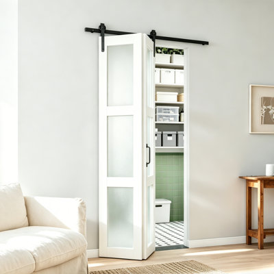 Porte de grange pliante préfinie en verre givré 3 pièces avec quincaillerie - Assemblage facile requis