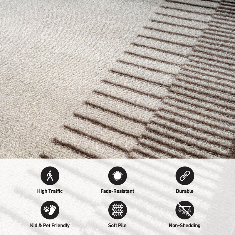 Modern Abstract Area Rug Soft Bordered Design, Cream/Brown, Rectangle 5' x 7'