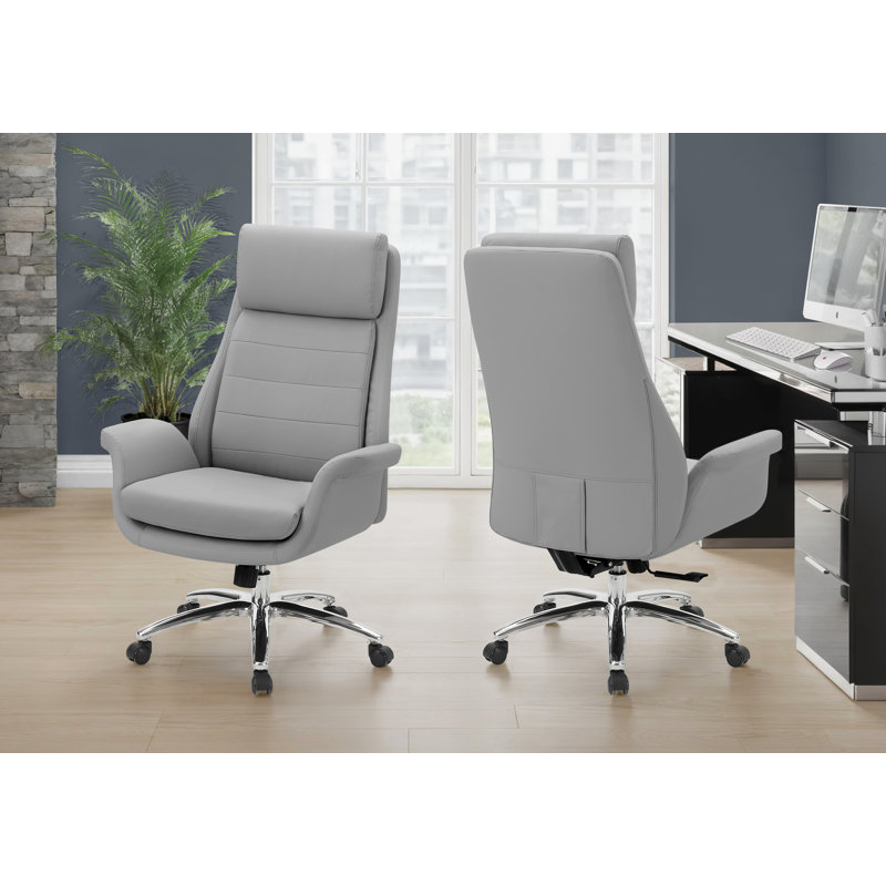 Chaise de bureau, hauteur réglable, accoudoirs, ergonomique, pivotant, bureau d'ordinateur, travail, aspect cuir gris, métal chromé, contemporain, moderne