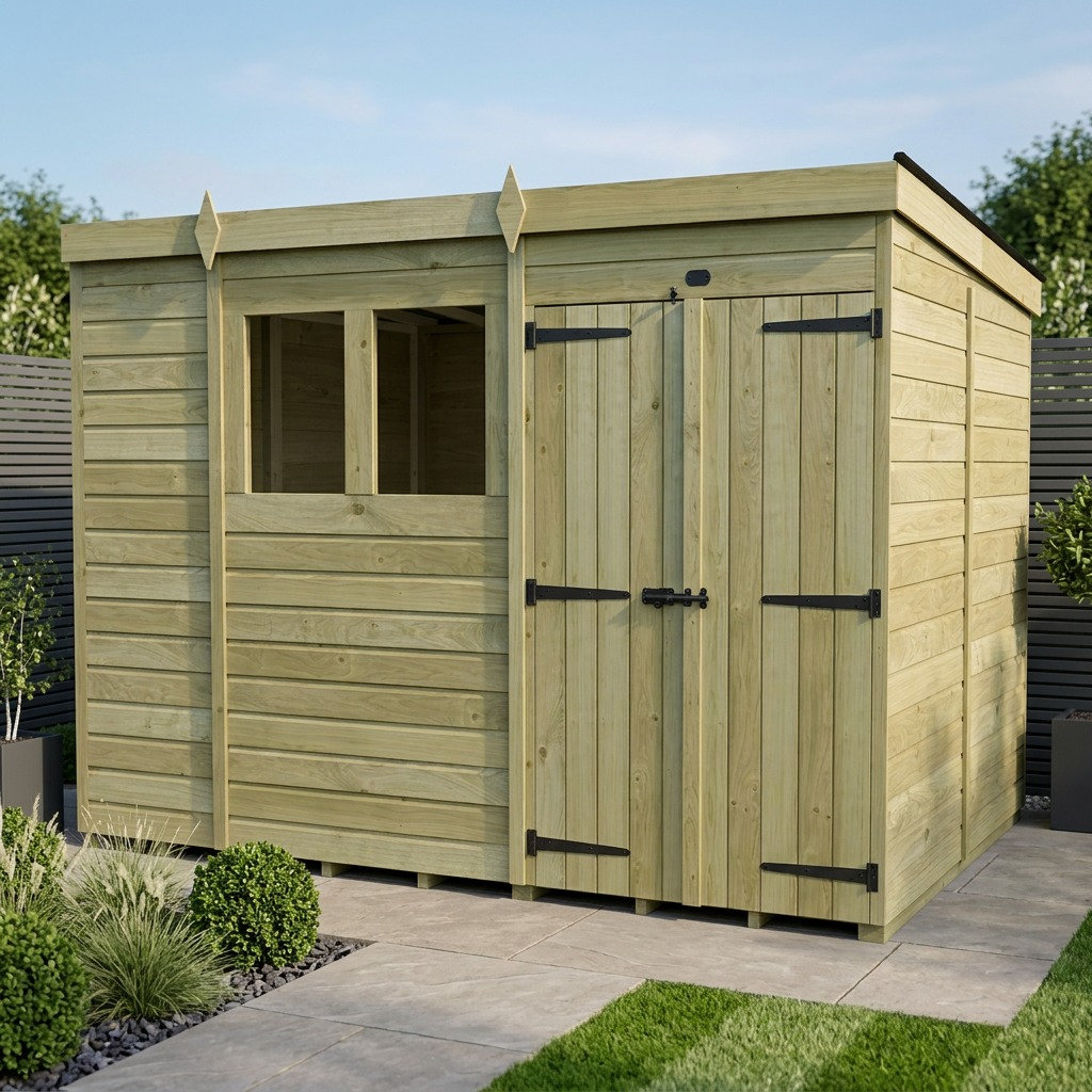 Total Sheds 11ft x 7ft Pent Garden Shed - Double Door - With Windows - Pressure Treated Timber - UK Manufactured