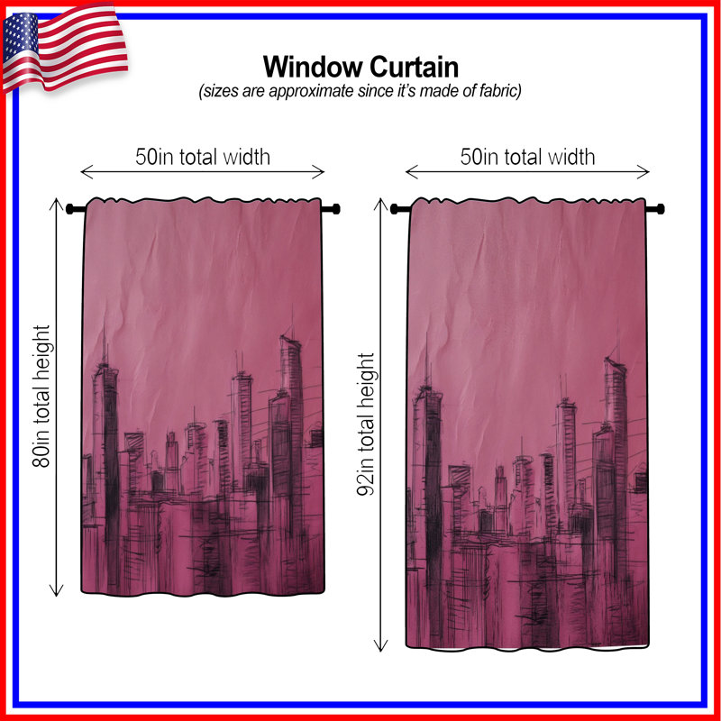 Rideaux de fenêtre Pink City Skyline, 50 po x 92 po - 1 panneau, Transparent