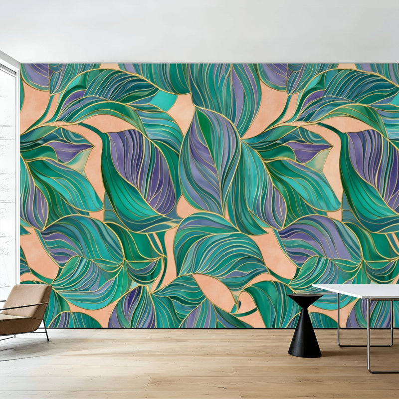 Papier peint adhésif pelez et collez, abstrait, botanique, vert, mauve, feuilles tropicales, art mural auto-adhésif et amovible