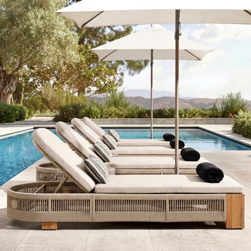 Corianne Patio Woven Rope Chaise Lounge With Adjustable Backrest & Cushions, Beige/Teak, 4