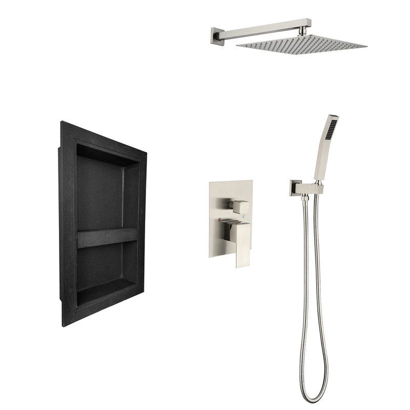 Ensemble de douche avec composants - pluie, douche à main, soupape, support, tuyau, niche pour la salle de bain, tête de douche, style nickel brossé