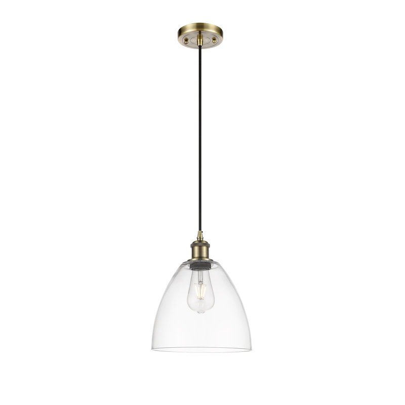 Luminaire suspendu en forme de dôme à 1 lumière Angelia, Laiton antique, Transparent, H 13,25 po x l 9 po x P 9 po