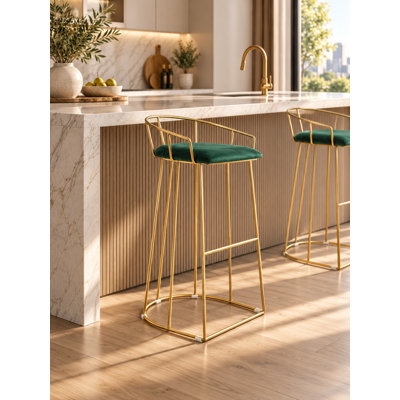 Modern Velvet Upholstered Bar Stool with Gold Steel Frame, Curved Open Backrest & Footrest – Gray, Green, or White