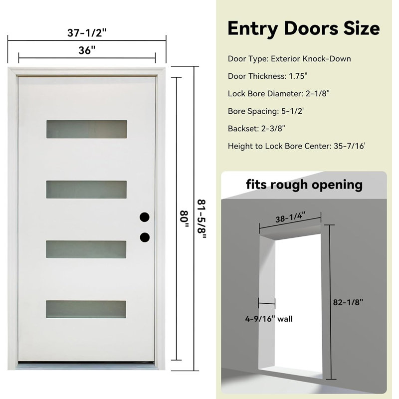 36 po X 80 po Porte d'entrée blanche en fibre de verre avec verre givré 4-Lite, Left