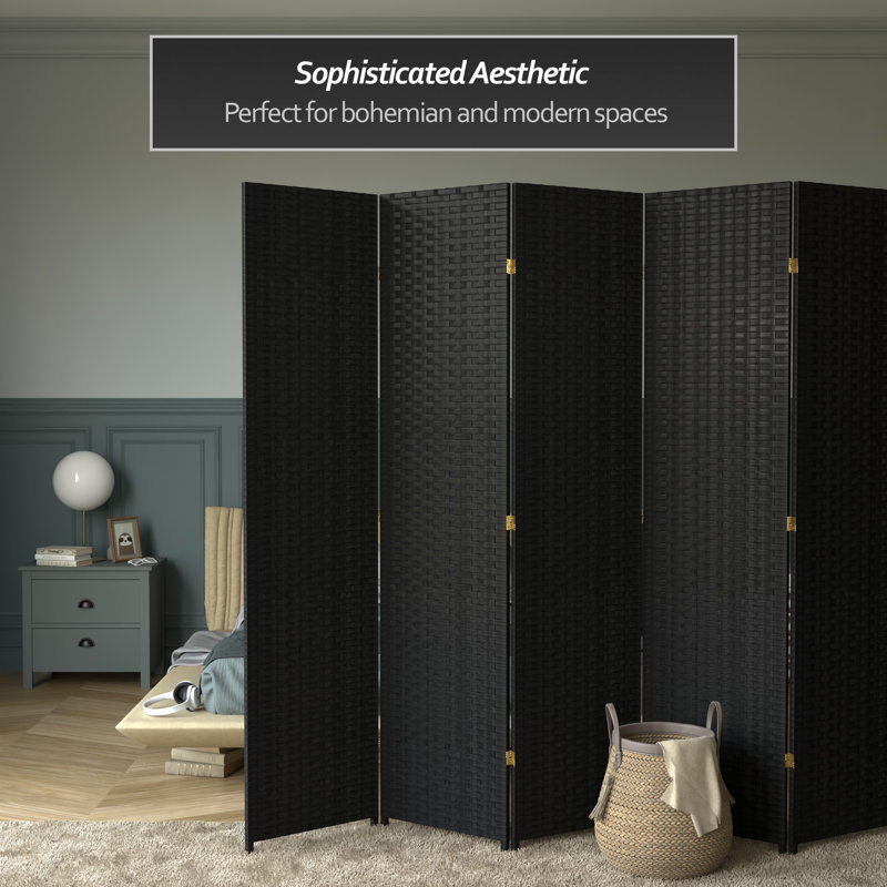 Amitis 7 Ft. Tall Woven Fiber Folding Room Divider, 84'' H x 156'' W x 1'' D, 8, Black