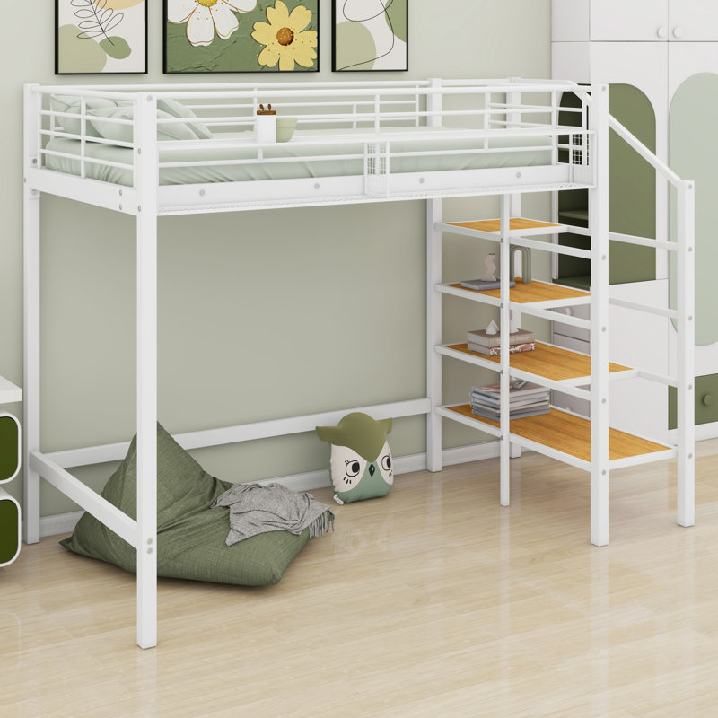 Metal Loft Bed With Upper Grid Storage Shelf And Lateral Storage Ladder, White