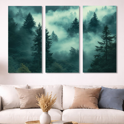 «Teal Mist Woodland I - Forest», art mural 3 pièces
