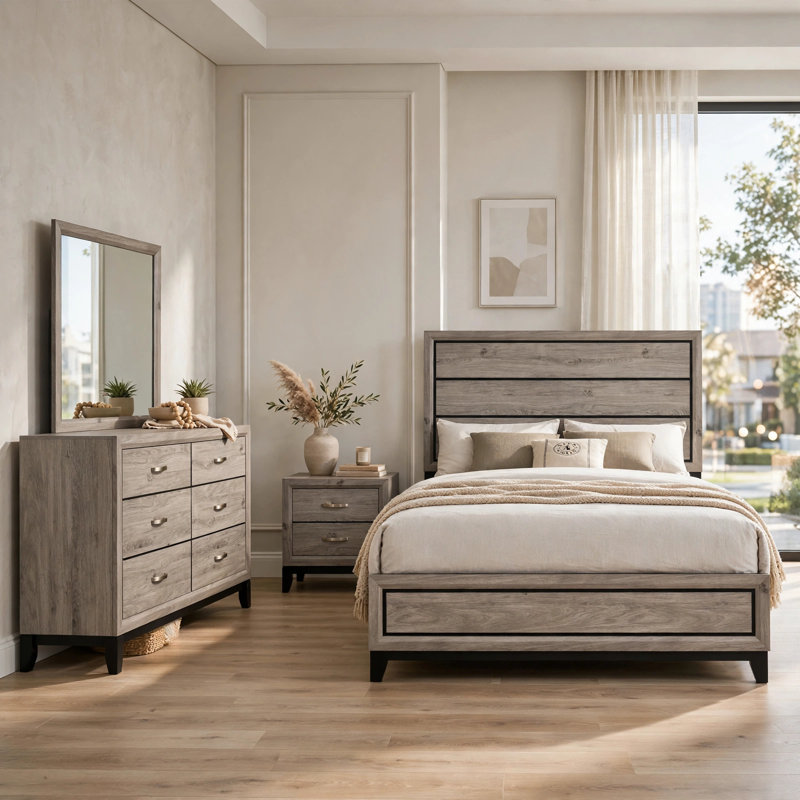 Kapa 4 Piece Bedroom Set, 4 Pcs: Bed, Nightstand, Dresser, Mirror, Queen