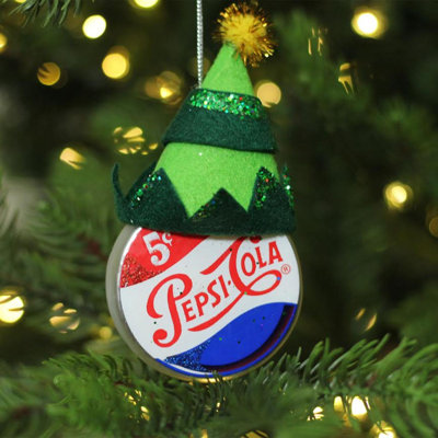 Green and Gold Hat on Pepsi Logo Puck Shaped Glass Christmas Ornament 4.75" (121mm)