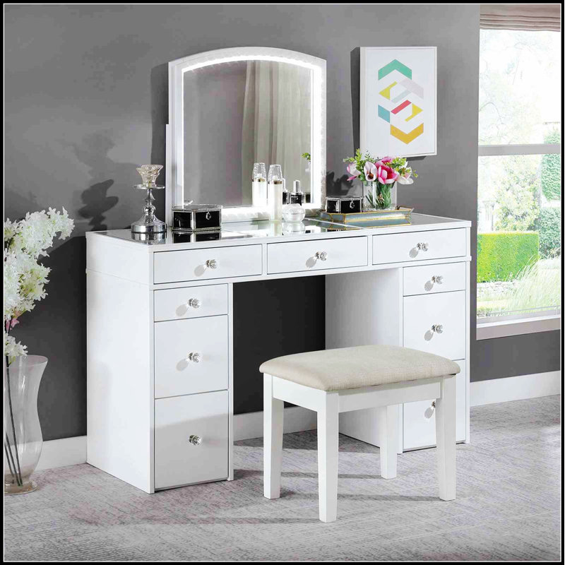Ensemble de meuble-lavabo de style contemporain avec miroir de 3 m, lumières DEL, tiroirs de rangement, glissières en bois et tabouret rembourré pour la chambre à coucher
