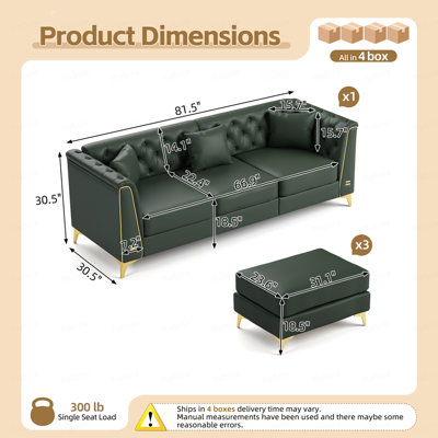 Canapé Chesterfield modulaire 3 places, canapé en similicuir capitonné à la main, accoudoirs garnis de métal et pieds minces en métal, comprend 3 coussins